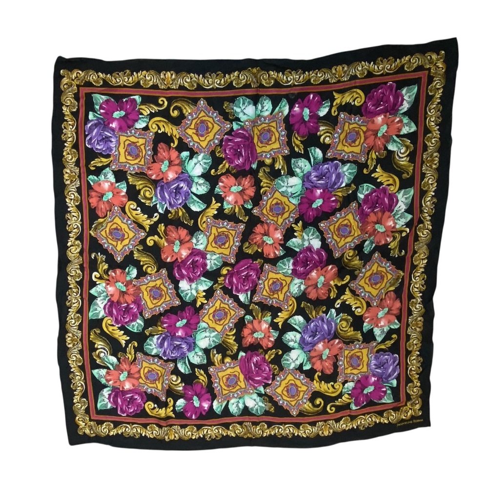 Jacqueline Ferrar Multi Color Bright Black Purple Floral square 100% Silk Scarf